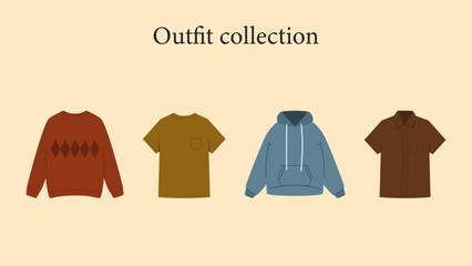 A collection of clothing items, including a hoodie, a shirt, a sweater