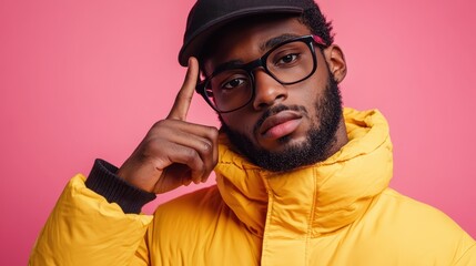 A man with glasses and a yellow jacket poses thoughtfully against a pink wall, exuding confidence and style while touching his cap with a serious expression.