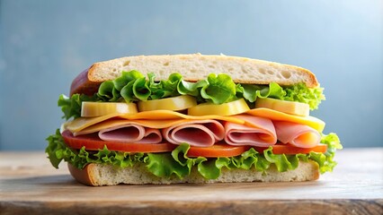 Minimalist ham sandwich with cheese lettuce and tomato