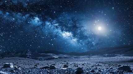 blue galaxy night, moon and planet. space scene with milky way, planet and full moon over horizon.