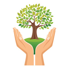 Two hands holding a tree, symbolizing care for nature.