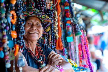 A street vendor selling handmade jewelry and crafts.