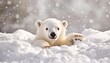 © Wimon - A cute polar bear cub playing in the snow, surrounded by a snowy winter landscape, with snowflakes drifting in the cold breeze.
