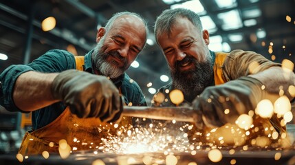 Two men in aprons and gloves work diligently on a metal project, creating sparks and showcasing teamwork and craftsmanship in a vibrant workshop setting.