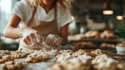 A baker in a kitchen sprinkles flour over freshly baked cookies, capturing the essence of culinary art and the warmth of homemade goodness in a cozy environment.