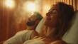 © svastix - Couple relaxing in a sauna with visible steam, encapsulating serenity and relaxation as they enjoy a peaceful moment together away from daily stress.