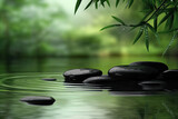 A serene scene of bamboo leaves and Zen stones, symbolizing tranquility in the spa environment