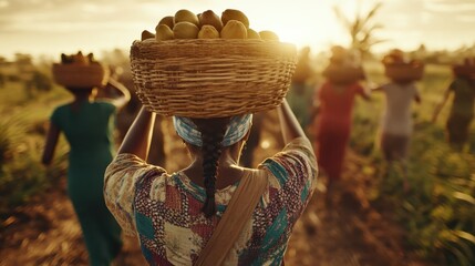 Women walk under the golden sun, each carrying a basket full of ripe mangoes on their heads. The scene captures the essence of community and harvest time.