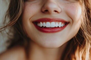 Wall Mural - Beautiful smile of young woman with healthy white teeth, copy space - generative ai