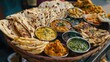 © sujitea - A tantalizing platter of assorted Indian bread, including naan, roti, and paratha, served with flavorful curries and chutneys, a staple of Indian cuisine.