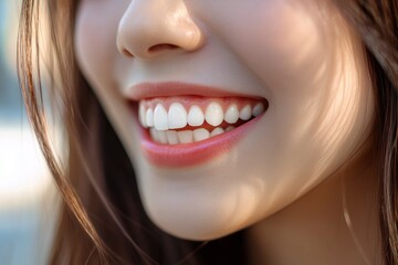 Wall Mural - Beautiful smile of young woman with healthy white teeth, copy space - generative ai