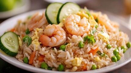 A tempting platter of Khao Pad, Thai fried rice with shrimp, egg, onions, peas, and carrots, garnished with sliced cucumber and a wedge of lime.