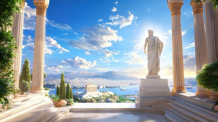 A monumental statue of Athena, positioned in a classical temple, with the city of Athens visible in the distance.