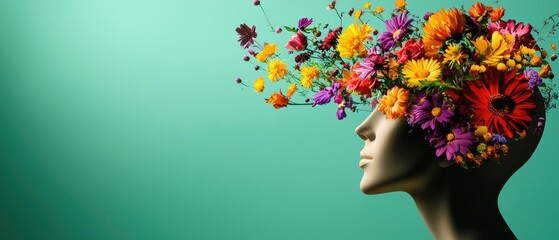 Human silhouette adorned with colorful flowers symbolizing creativity and imagination.