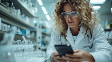 Wall Mural - a dedicated female scientist deeply engaged with her smartphone amidst laboratory work, symbolizing 