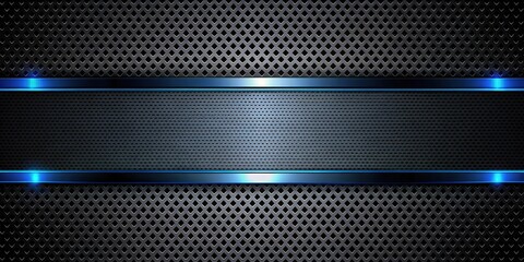 Abstract Steel Background with Blue Glowing Lines and Perforated Texture