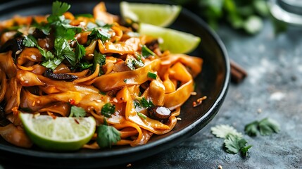 A plate of stir-fried noodles garnished with fresh herbs and lime wedges, with a close-up focus on the vibrant colors and glossy texture of the noodles, showing the rich flavor