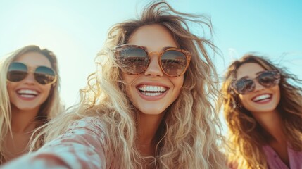 Three friends smiling widely take a cheerful and lively selfie at the beach during a sunny day, capturing the essence of friendship and joyful moments together.