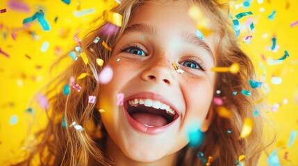 A young girl beaming with joy as colorful confetti surrounds her, capturing a moment of pure happiness and delight, representing carefree childhood fun.