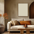 © Studio Light & Shade - Mockup of a 3x4 brown vertical wooden frame in a modern living room interior with a white sofa and modern decor. Artwork, poster, art print, wall art mockup. Cozy home interior.