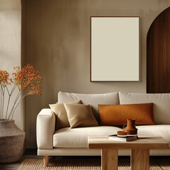 mockup of a 3x4 brown vertical wooden frame in a modern living room interior with a white sofa and m
