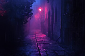 dark gloomy city street at night. background for crime. Evening landscape of city alley. Gloomy sidewalk is there in foggy weather. Night road without lights - generateive ai