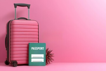 Pink suitcase and passport on a pink background, ready for travel. 3d illustration