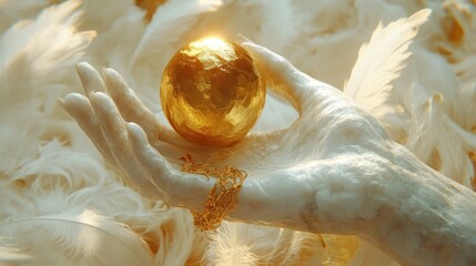 Poster - A hand holding a golden sphere amidst soft feathers.