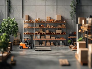 Compact urban warehouse interior with metal shelving, forklifts, and a small but efficient loading dock, Warehouse, Urban Storage