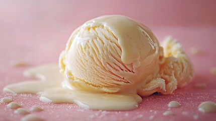 Close-up of a melting scoop of vanilla ice cream against a plain background, highlighting its creamy texture and drips.