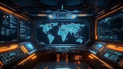 Global logistics control center with a cutting-edge world map