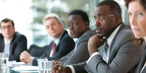 A group of business executives having a serious discussion during a leadership meeting