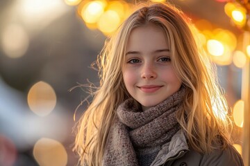 Portrait of a Young Girl with Blonde Hair and a Brown Scarf