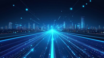 Digital data flow on road represents the speed of light and digital technology concept in an abstract futuristic illustration with blue glowing lines and dots