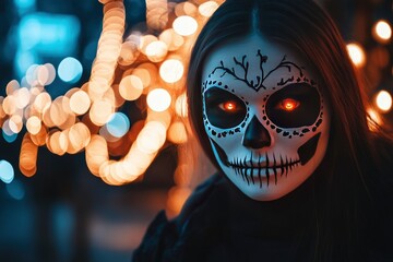 Wall Mural - Mysterious female in painted Halloween mask in shape of skull looking at camera on dark blurred background - generative ai