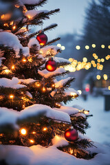 Wall Mural - Snow-covered Christmas tree adorned with glowing lights on a festive street during a snowy winter evening.