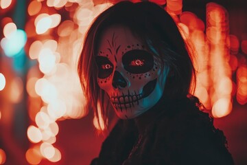 Wall Mural - Mysterious female in painted Halloween mask in shape of skull looking at camera on dark blurred background - generative ai