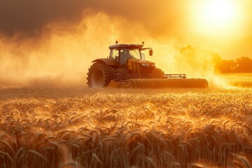 A Tractor Harvesting Wheat in a Golden Field at Sunset