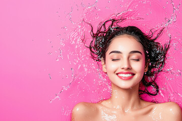 young indian woman with water splash on pink background