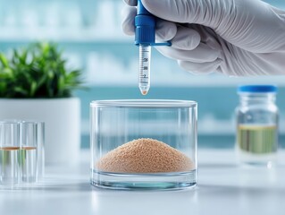 lab technician placing sand particles into permeability test device, precision work, sand permeabili