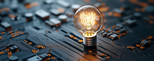 Light bulb on a circuit board, innovative concept, close-up shot.