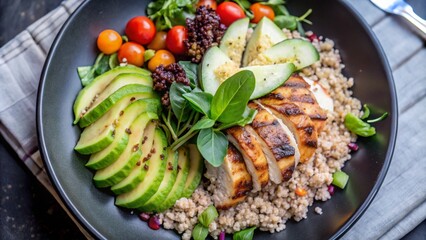 A healthy and delicious meal with grilled chicken, quinoa, avocado, cucumber, cherry tomatoes, and fresh herbs on a black plate.