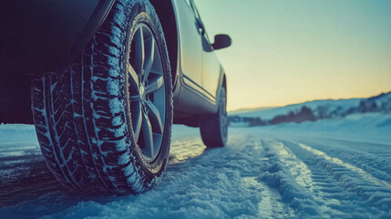 car with winter tires stands on slippery road, focus on tires