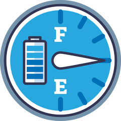 Battery icon with fuel gauge symbolizes energy levels and efficiency.