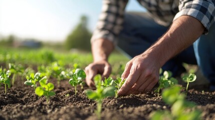 Farmer planting seedlings, bright day, clean background, minimal elements, copy space