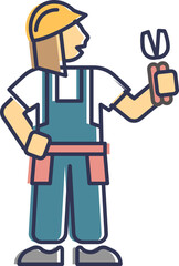 Cartoon worker in hard hat holding pliers, symbolizing construction and repair work.