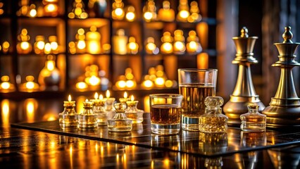 Elegant night glass chess set and bar with candles, alcohol, and gold