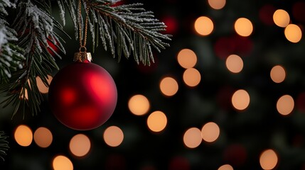 A close-up of festive red Christmas ornaments hanging from snowy pine branches, with warm, blurry bokeh lights adding a cozy glow.