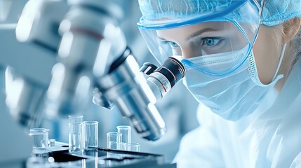 A female scientist with curly hair peers through a microscope, analyzing a vibrant blue liquid in a well-equipped laboratory filled with lab equipment