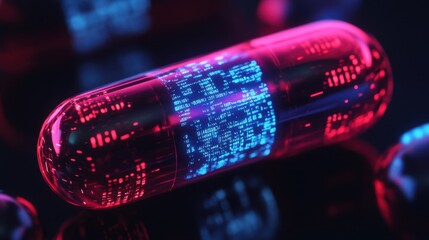 Future healthcare as a digital biotech pill capsule containing binary code